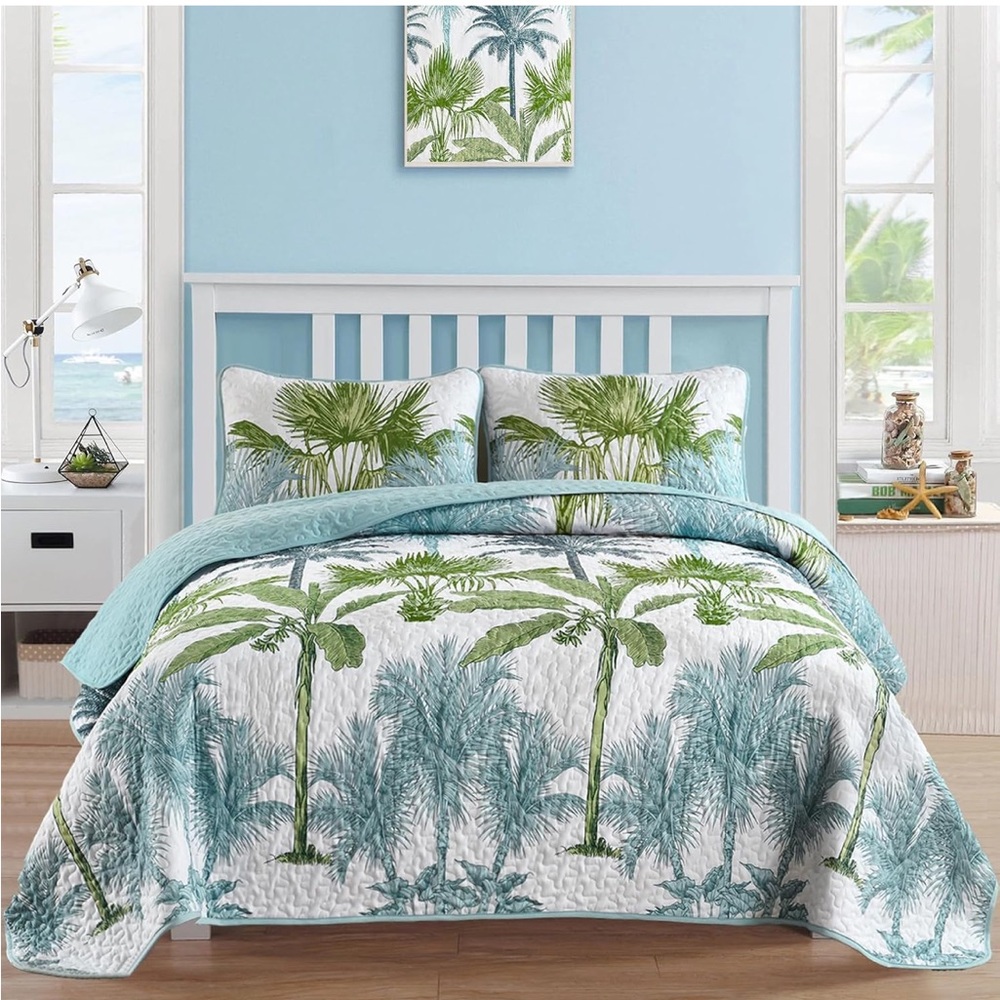 Tropical Green and Blue Palm Bedding Set